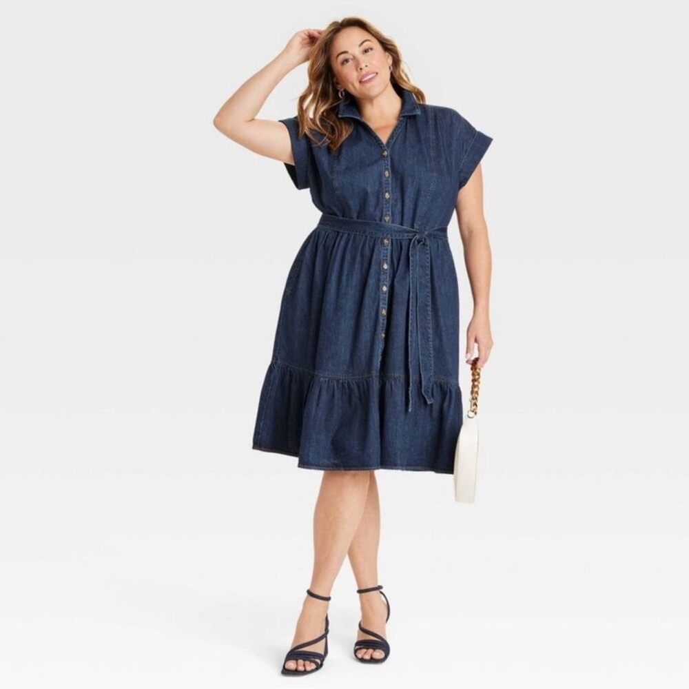 Women's Short Sleeve dark Denim Tiered Midi A-
Line Dress - Ava & Viv 2x euc